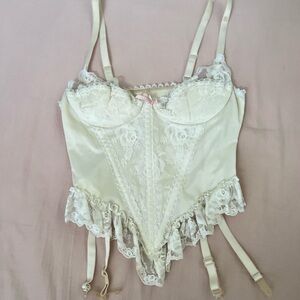 Vintage Delicate Lace Ivory Bustier with Pink Bow Garter Straps